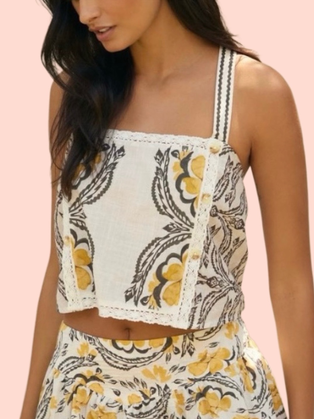 Anthropologie Oversized Cotton Boho Crop Top Botanical Floral Lace Trim Large